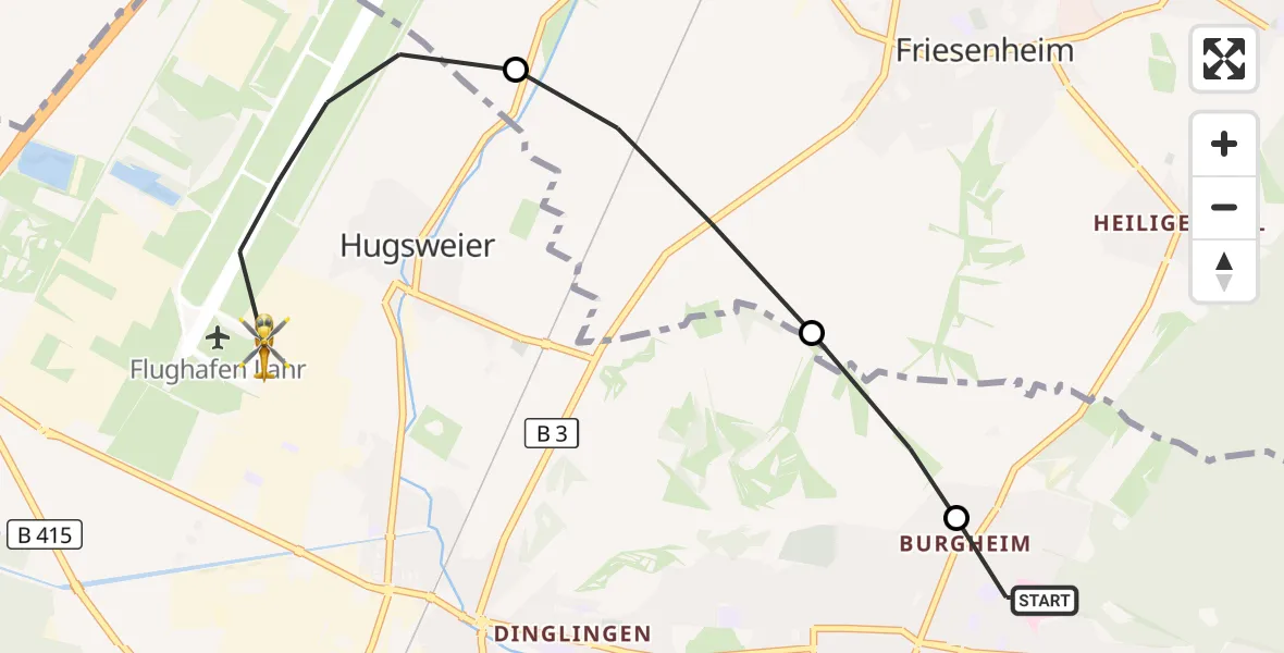 Flugroute Rettungshubschrauber Ortenau Hospital Lahr-Ettenheim - Lahr Flughafen, 17 September 2026, 18:35