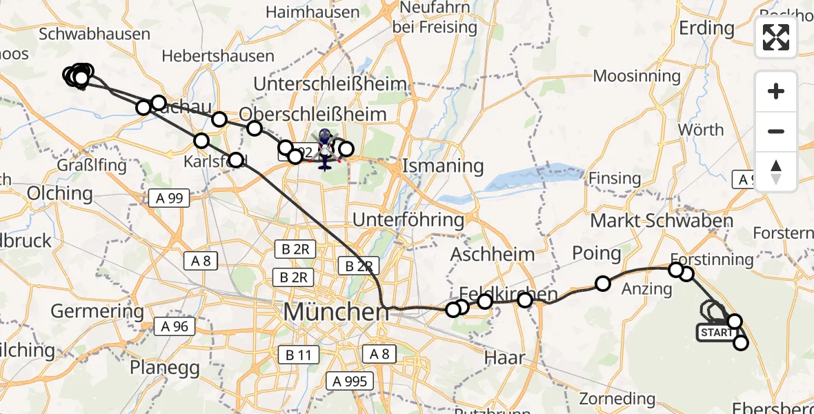 Flugroute Polizeihubschrauber Anzinger Forst - Oberschleißheim, 17 September 2026, 19:02