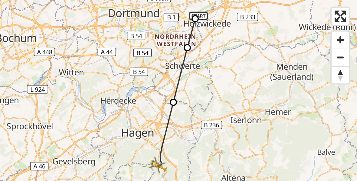 Flugroute Rettungshubschrauber Dortmund Flughafen - Hagen, 17 September 2026, 21:31