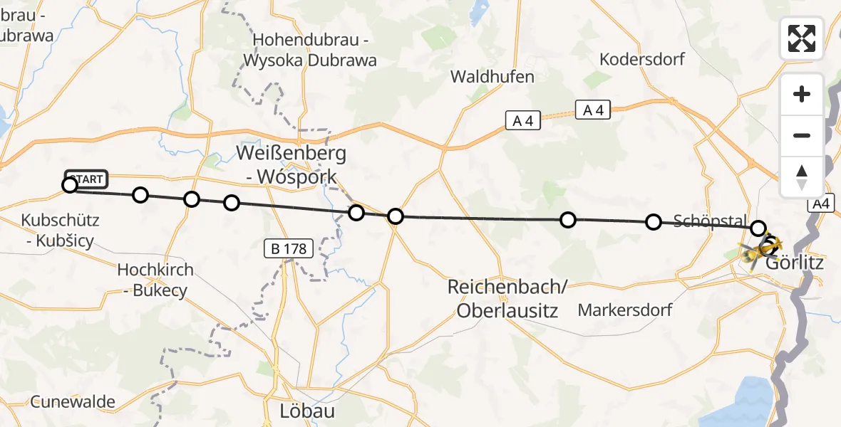 Flugroute Rettungshubschrauber Bautzen Flugplatz - Görlitz Hospital, 17 September 2026, 21:54