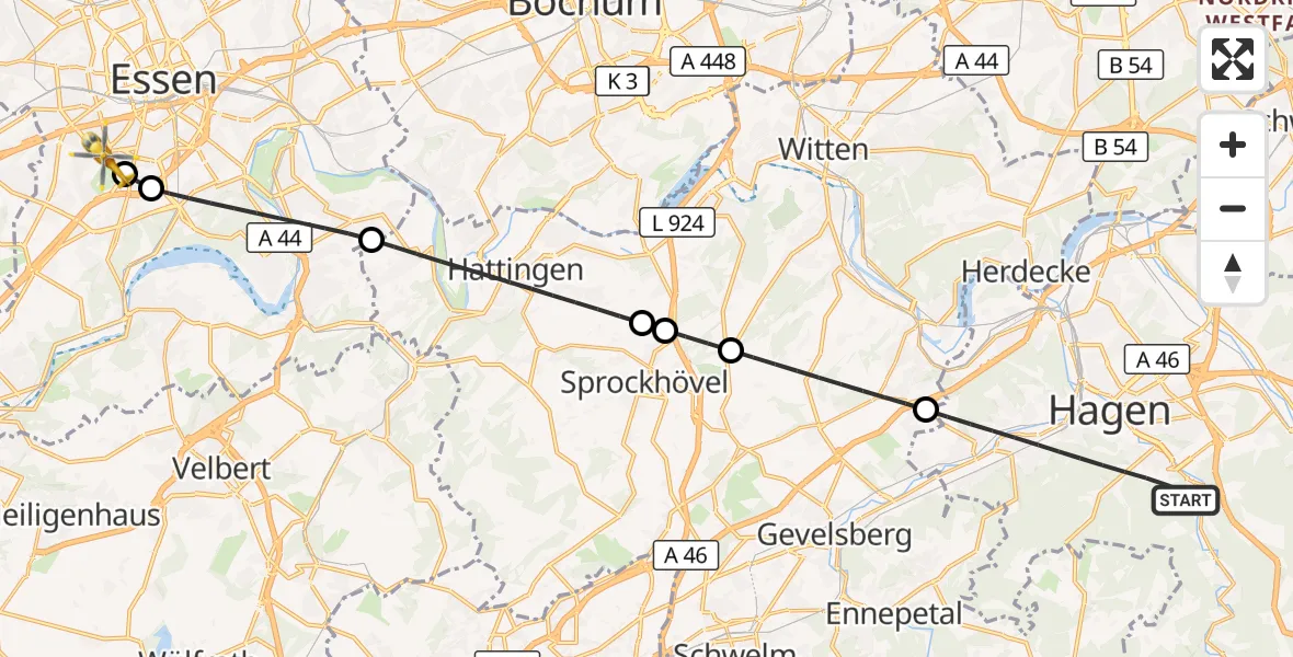 Flugroute Rettungshubschrauber Hagen - Essen, 17 September 2026, 22:45