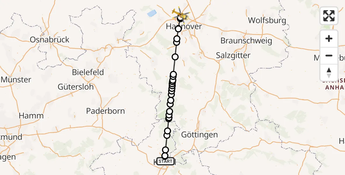 Flugroute Rettungshubschrauber Kassel - Flughafen Hannover, 17 September 2026, 23:39