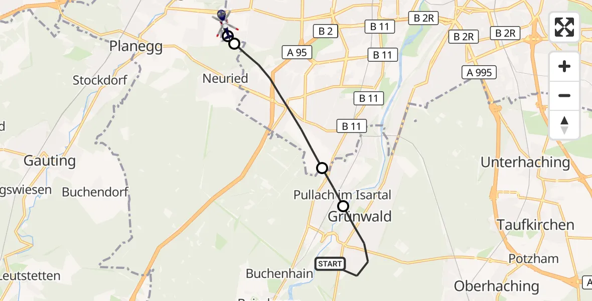 Flugroute Polizeihubschrauber Grünwald - DRF Air Rescue München Hubschrauberlandeplatz, 17 September 2026, 23:58