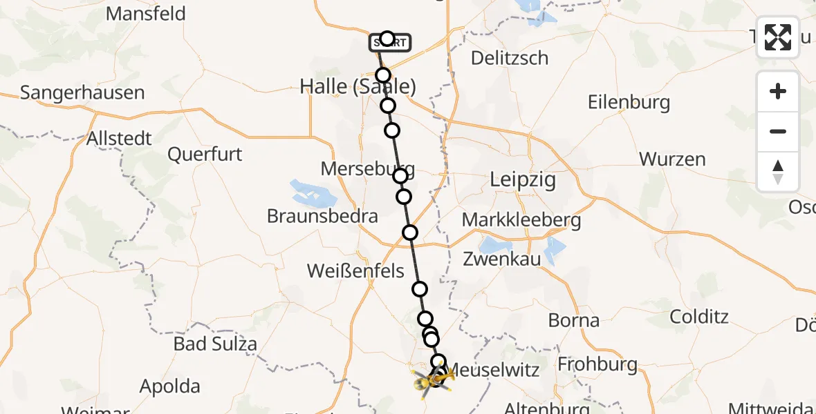 Flugroute Rettungshubschrauber Halle-Oppin Flugplatz - Zeitz Hospital, 18 September 2026, 00:10