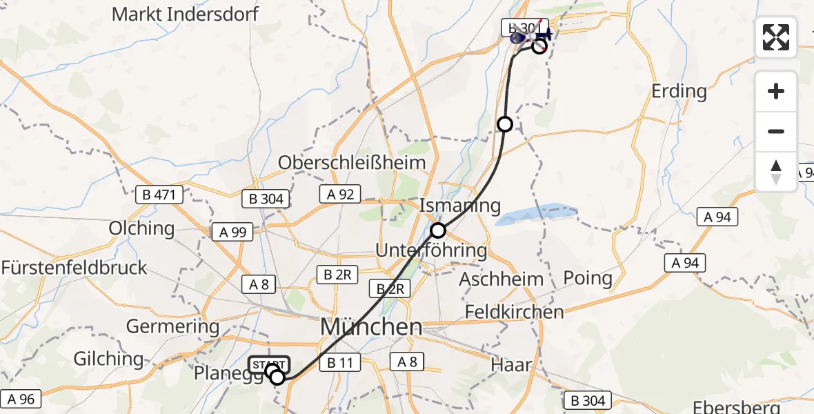 Flugroute Polizeihubschrauber DRF Air Rescue München Hubschrauberlandeplatz - München Flughafen, 18 September 2026, 00:33