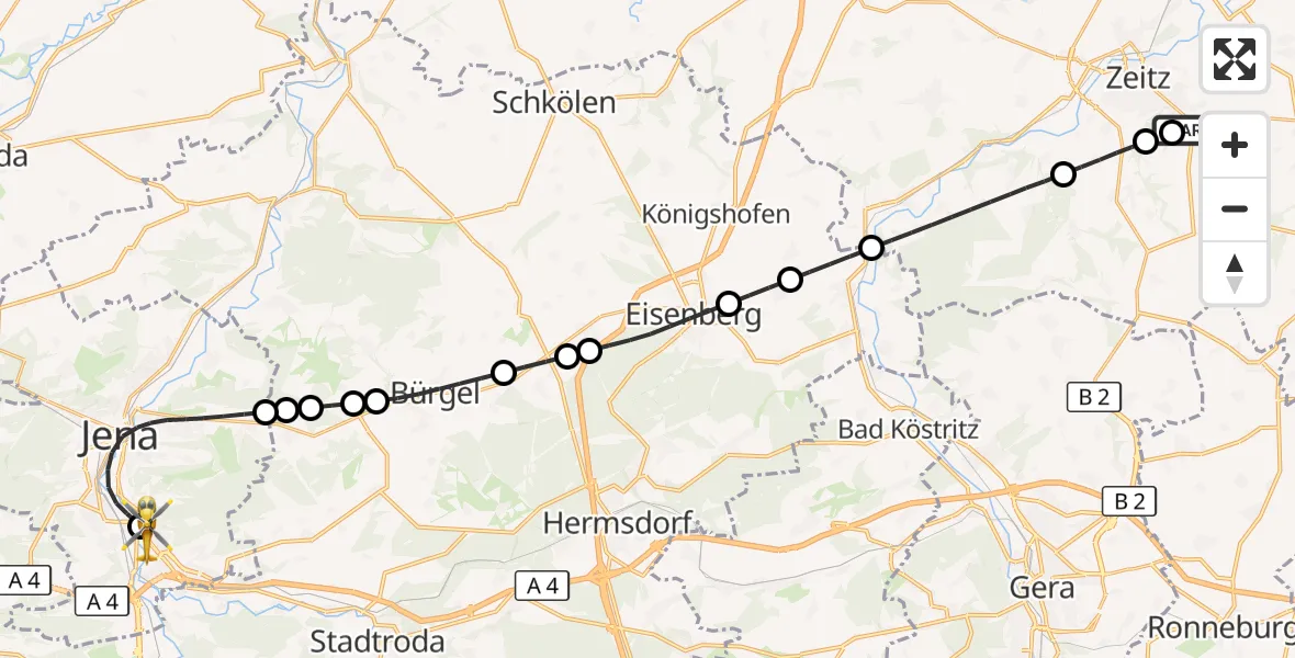 Flugroute Rettungshubschrauber Zeitz Hospital - Lobeda Hubschrauberlandeplatz, 18 September 2026, 01:01