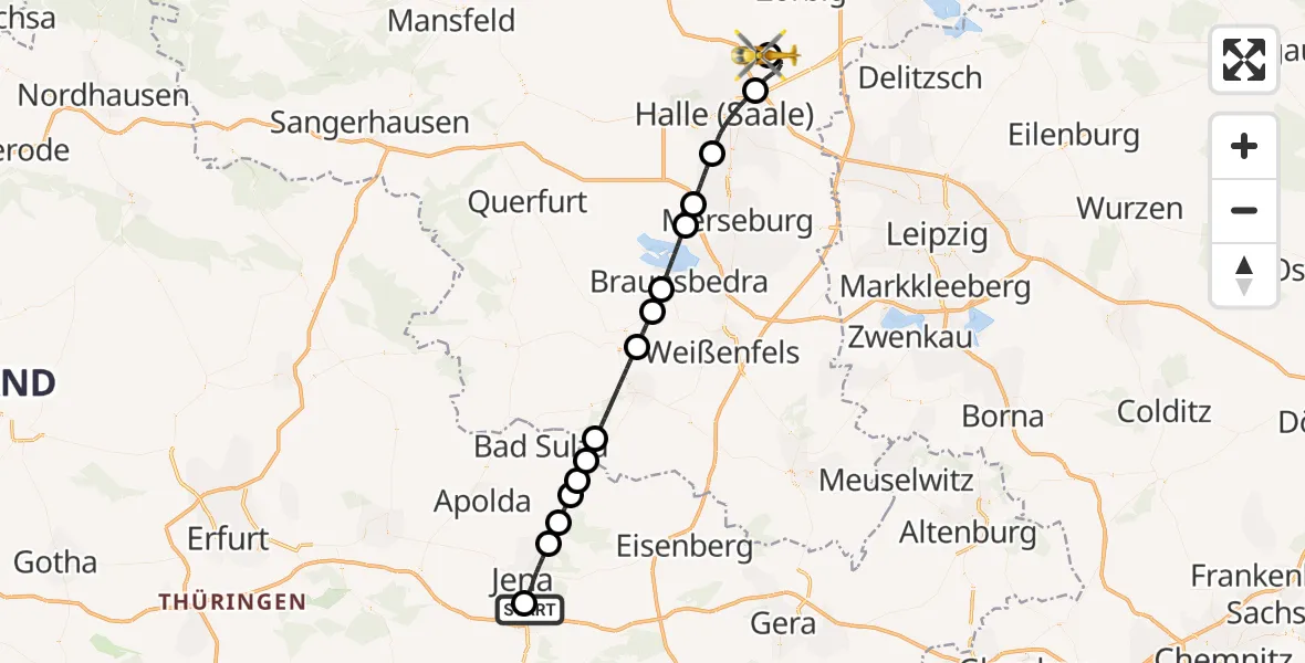 Flugroute Rettungshubschrauber Lobeda Hubschrauberlandeplatz - Halle-Oppin Flugplatz, 18 September 2026, 02:16