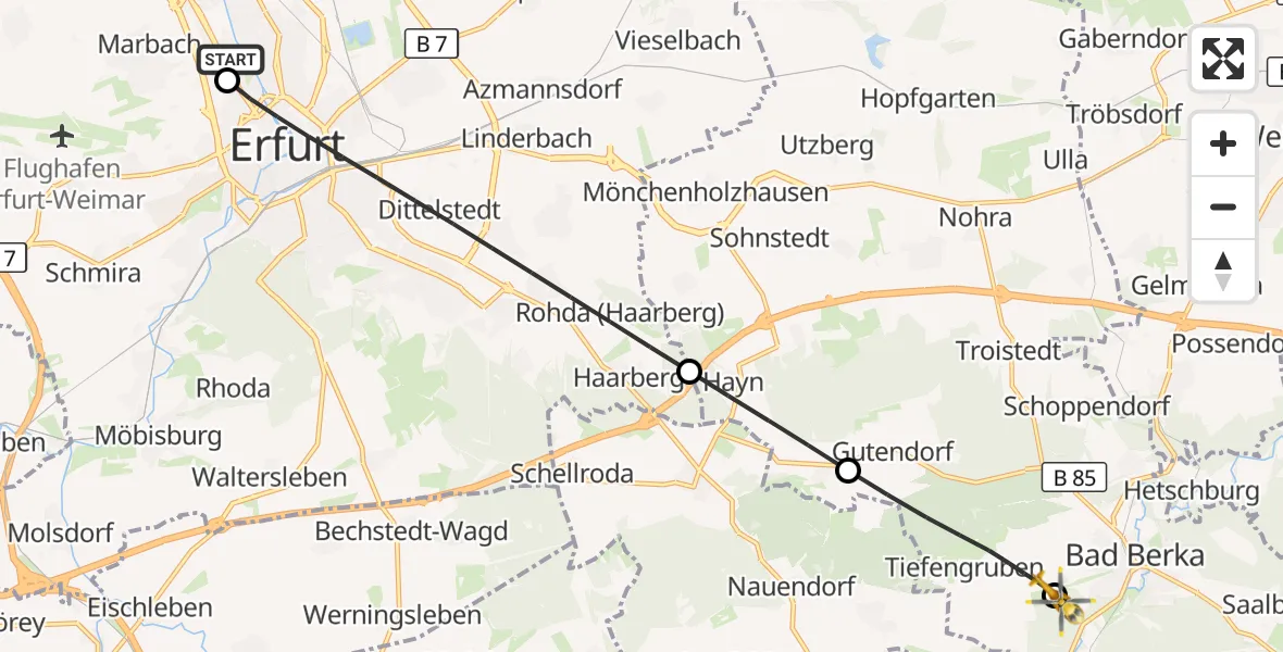 Flugroute Ambulanzhubschrauber Helios Clinic Erfurt - DRF Rettungsstation Bad Berka Hubschrauberlandeplatz, 18 September 2026, 02:26