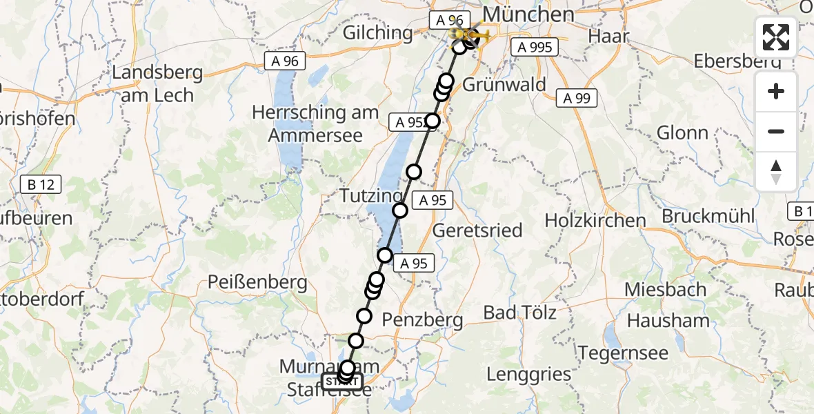 Flugroute Rettungshubschrauber Murnau a.Staffelsee - DRF Air Rescue München Hubschrauberlandeplatz, 18 September 2026, 02:31