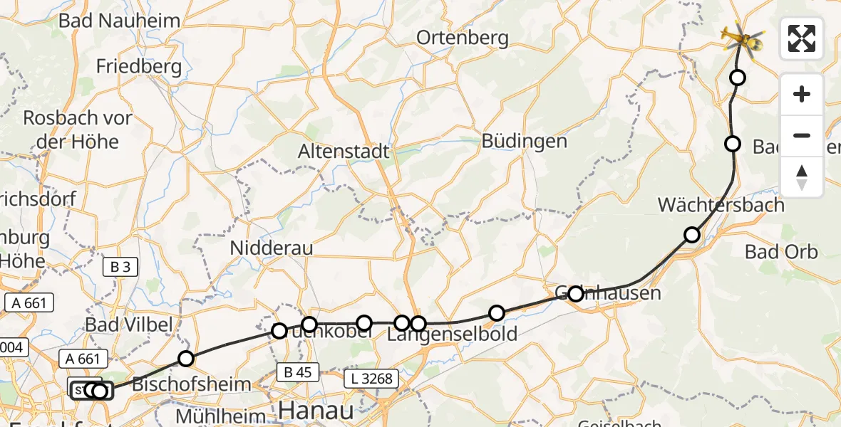 Flugroute Rettungshubschrauber Frankfurt am Main Accident Hospital Roof Helipad (CHX2) - Birstein, 18 September 2026, 05:13