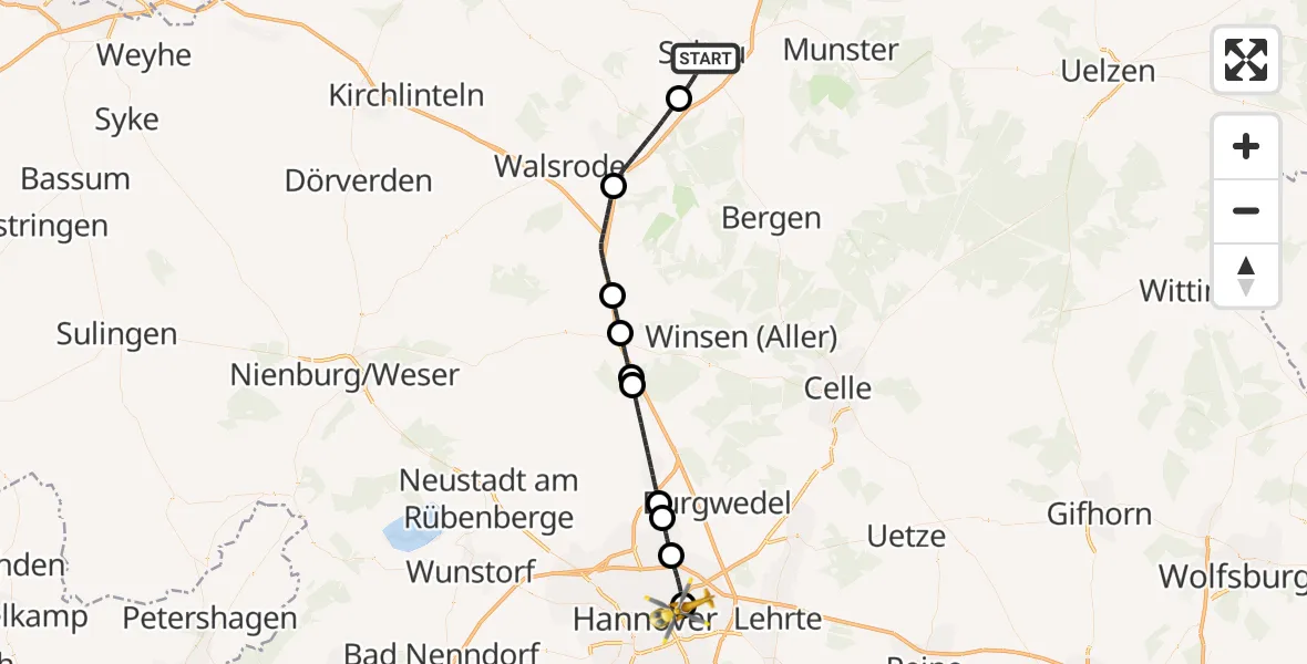 Flugroute Rettungshubschrauber Soltau - Hannover Luftrettung Hubschrauberlandeplatz (Christoph 4), 18 September 2026, 05:20