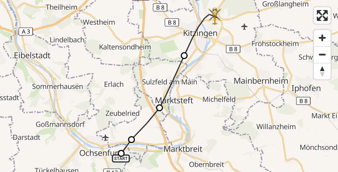 Flugroute Rettungshubschrauber Ochsenfurt Hospital - Kitzingen, 18 September 2026, 05:45