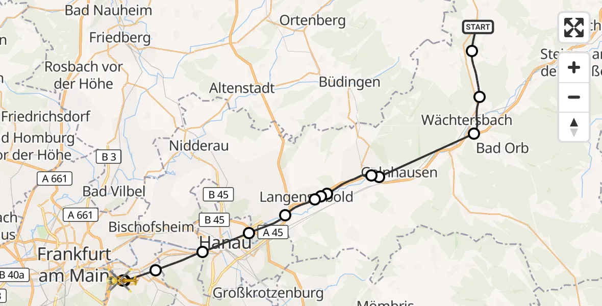 Flugroute Rettungshubschrauber Birstein - Sana Hospital Offenbach, 18 September 2026, 05:51