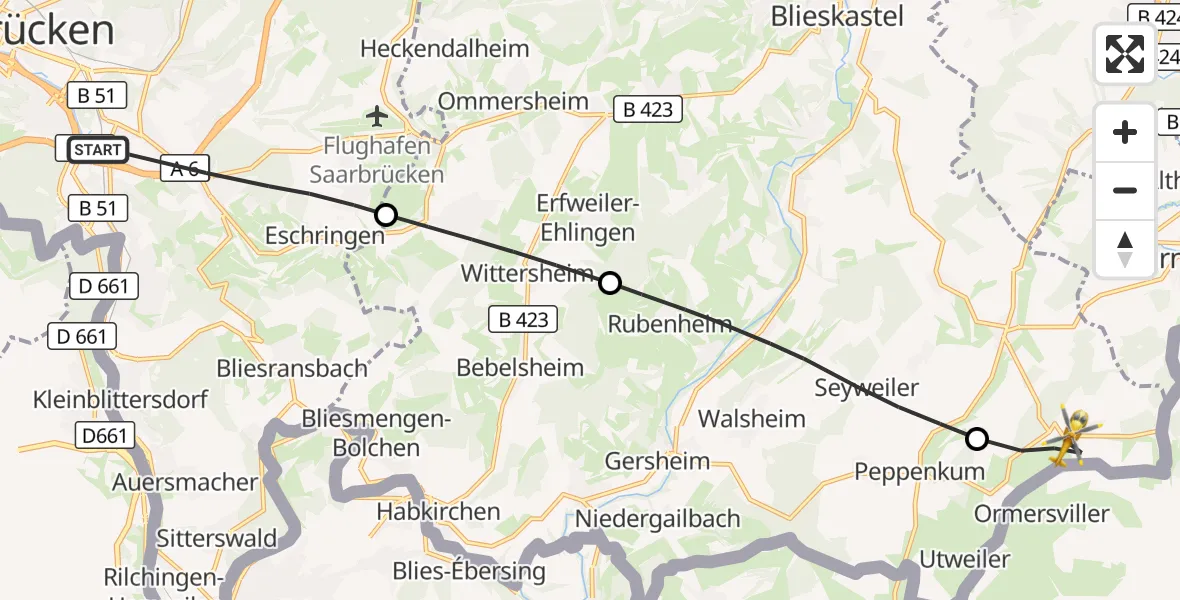 Flugroute Rettungshubschrauber Saarbrücken - Blieskastel, 18 September 2026, 06:01