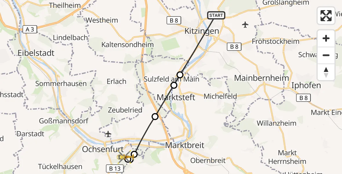 Flugroute Rettungshubschrauber Kitzingen - Ochsenfurt Hospital, 18 September 2026, 06:22