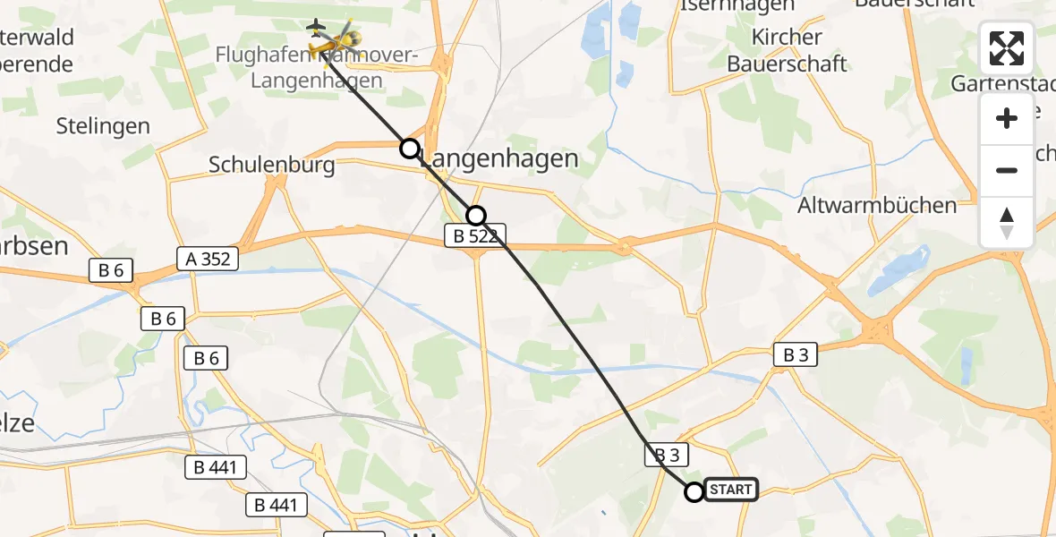 Flugroute Rettungshubschrauber Hannover Luftrettung Hubschrauberlandeplatz (Christoph 4) - Flughafen Hannover, 18 September 2026, 06:23