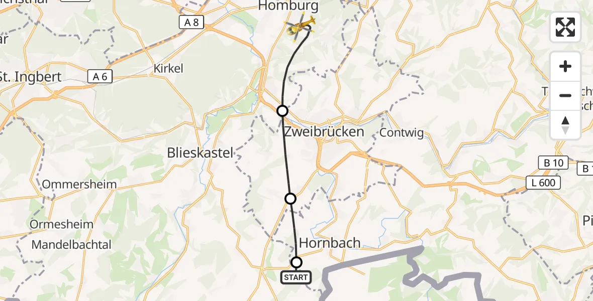 Flugroute Rettungshubschrauber Blieskastel - Homburg, 18 September 2026, 06:35