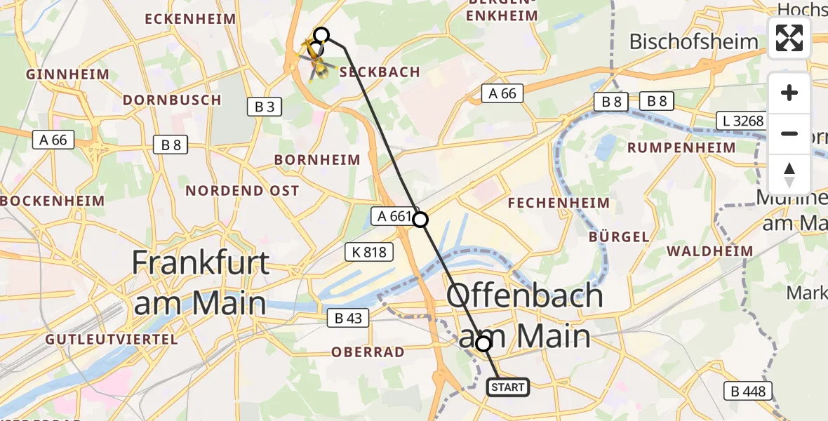 Flugroute Rettungshubschrauber Sana Hospital Offenbach - Frankfurt am Main Accident Hospital Roof Helipad (CHX2), 18 September 2026, 06:44