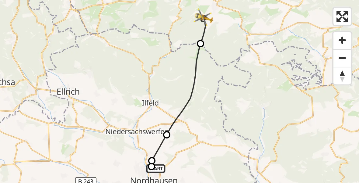 Flugroute Rettungshubschrauber Südharz Hospital Nordhausen - Oberharz am Brocken, 18 September 2026, 06:53