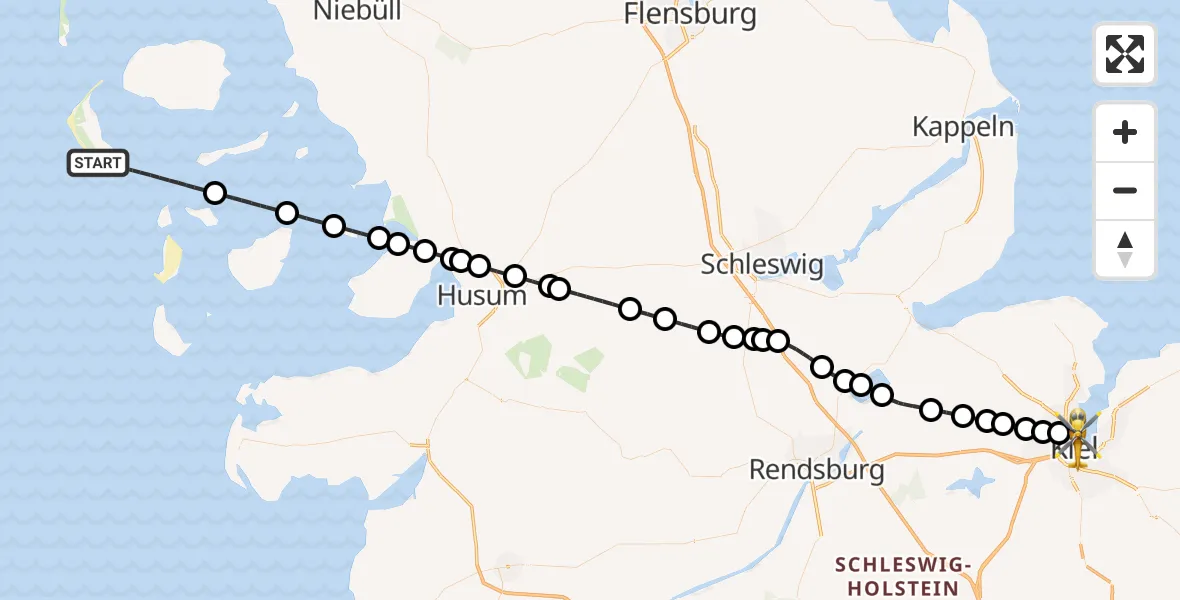 Flugroute Ambulanzhubschrauber Wittdün auf Amrum - Kiel, 18 September 2026, 07:10