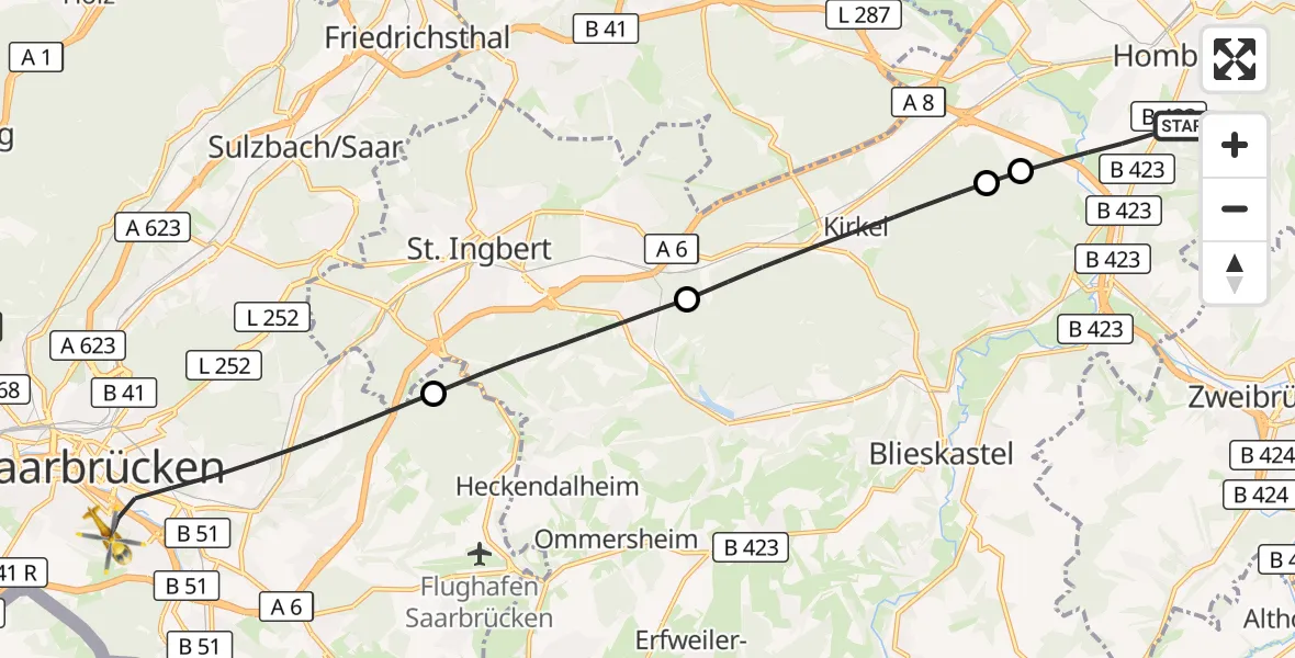 Flugroute Rettungshubschrauber Homburg - Saarbrücken, 18 September 2026, 07:13