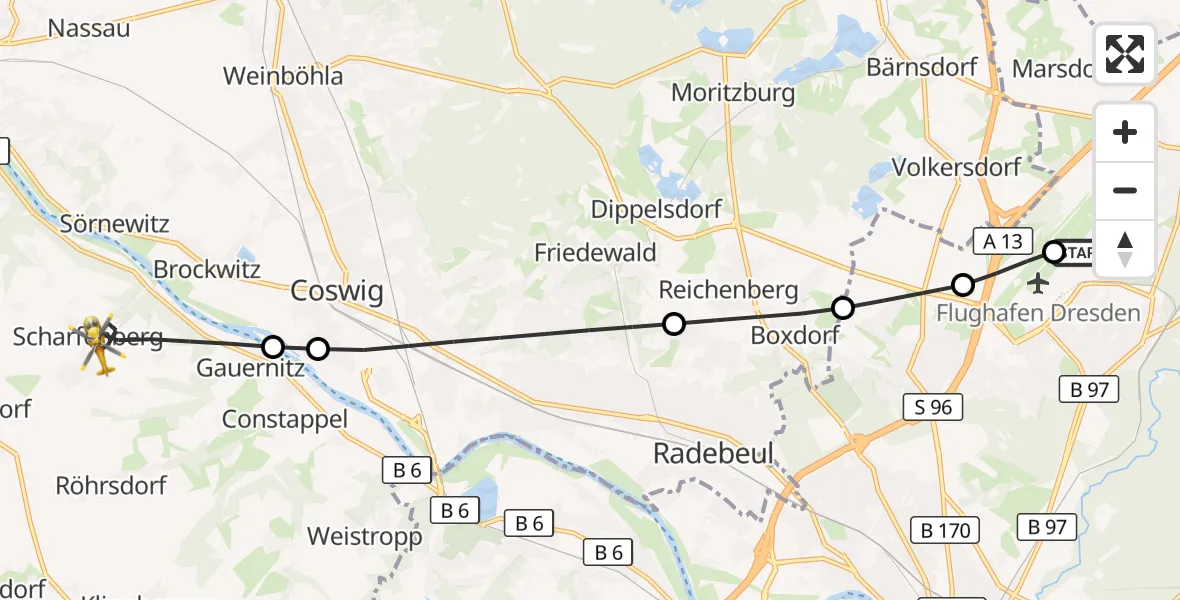 Flugroute Rettungshubschrauber Dresden Bundespolizei Hubschrauberlandeplatz - Klipphausen, 18 September 2026, 07:13