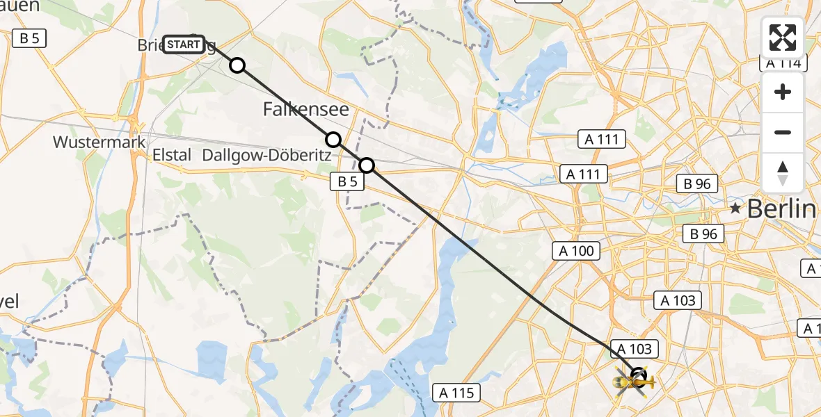 Flugroute Rettungshubschrauber Brieselang - Charité Clinic Benjamin Franklin Campus, 18 September 2026, 07:17