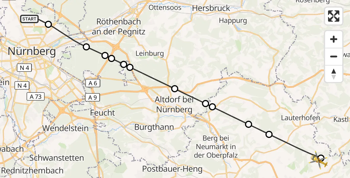 Flugroute Ambulanzhubschrauber Flughafen Nuremberg - Velburg, 18 September 2026, 07:18