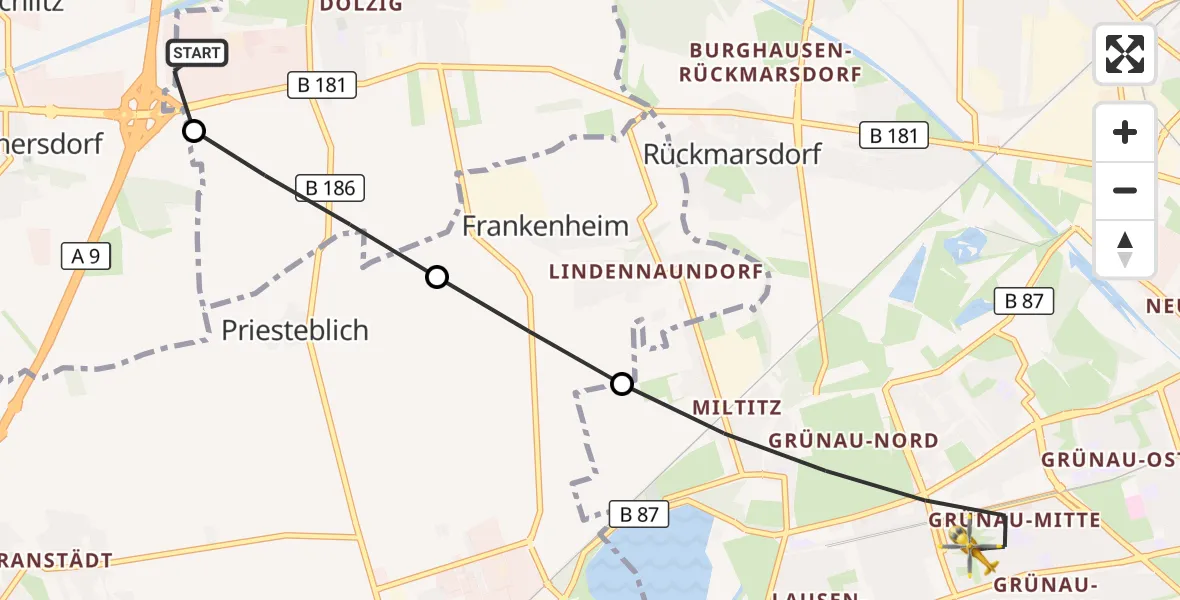 Flugroute Rettungshubschrauber ADAC Air Rescue Station Leipzig/Schkeuditz-Dölzig Hubschrauberlandeplatz (Christoph 61) - Leipzig, 18 September 2026, 07:30