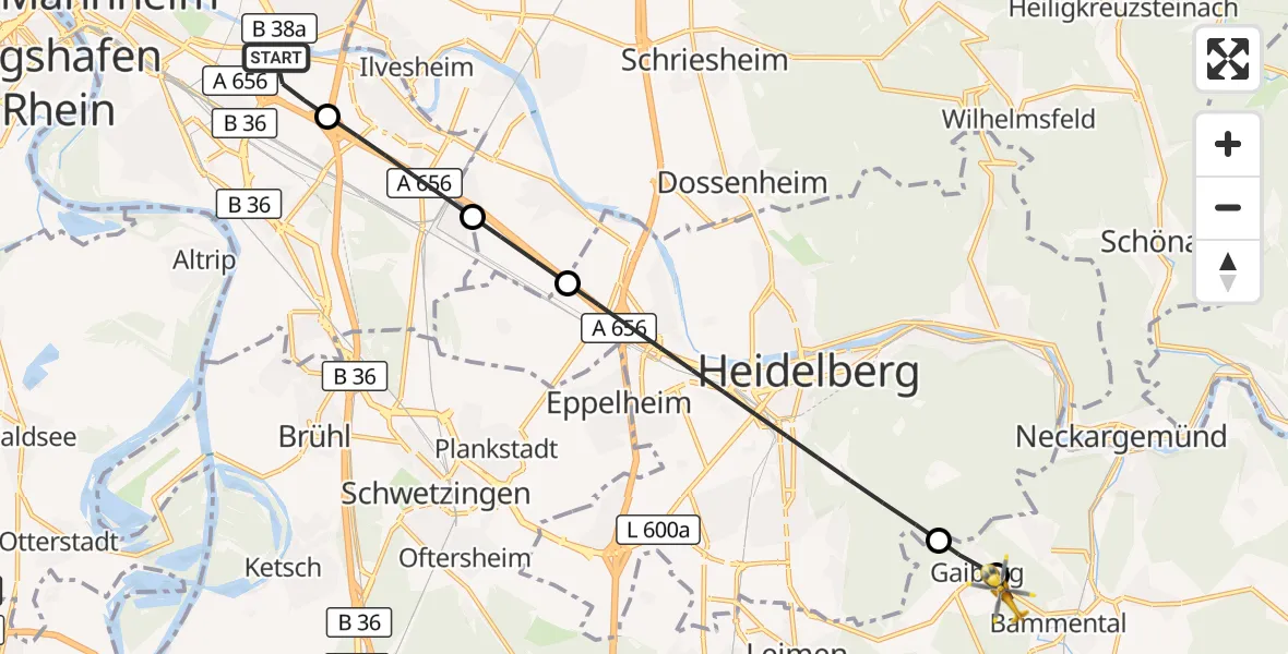 Flugroute Rettungshubschrauber Mannheim-City Flughafen - Bammental, 18 September 2026, 07:34