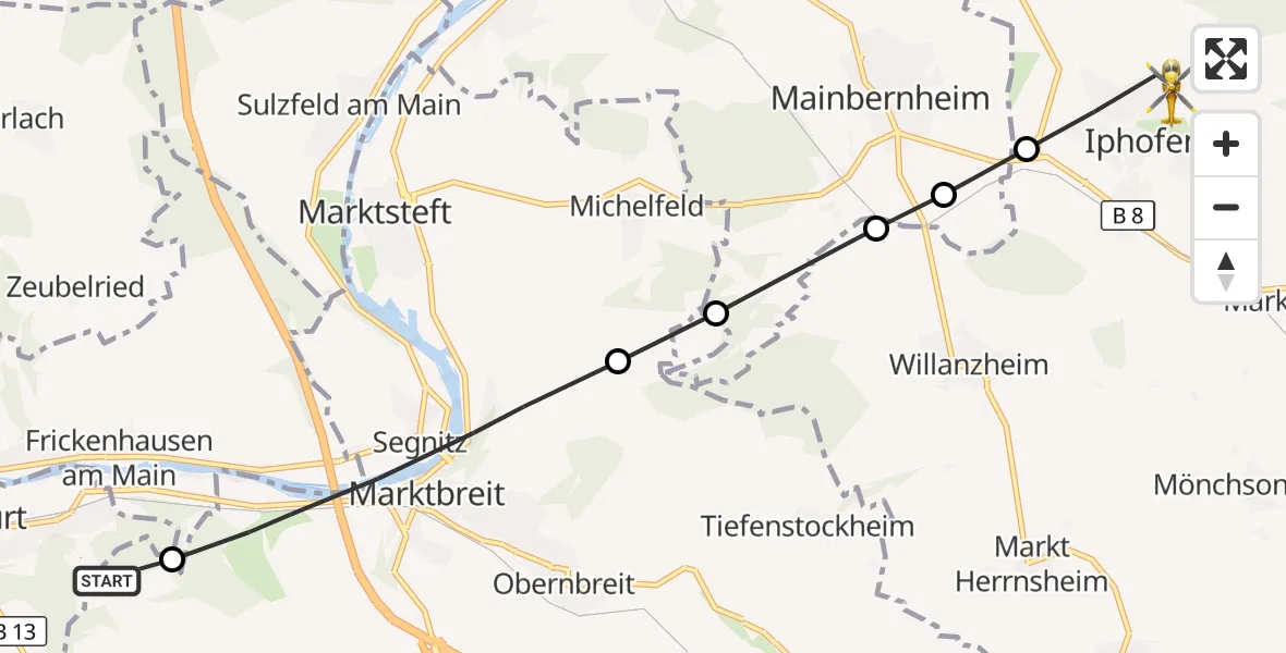 Flugroute Rettungshubschrauber Ochsenfurt Hospital - Iphofen, 18 September 2026, 07:36