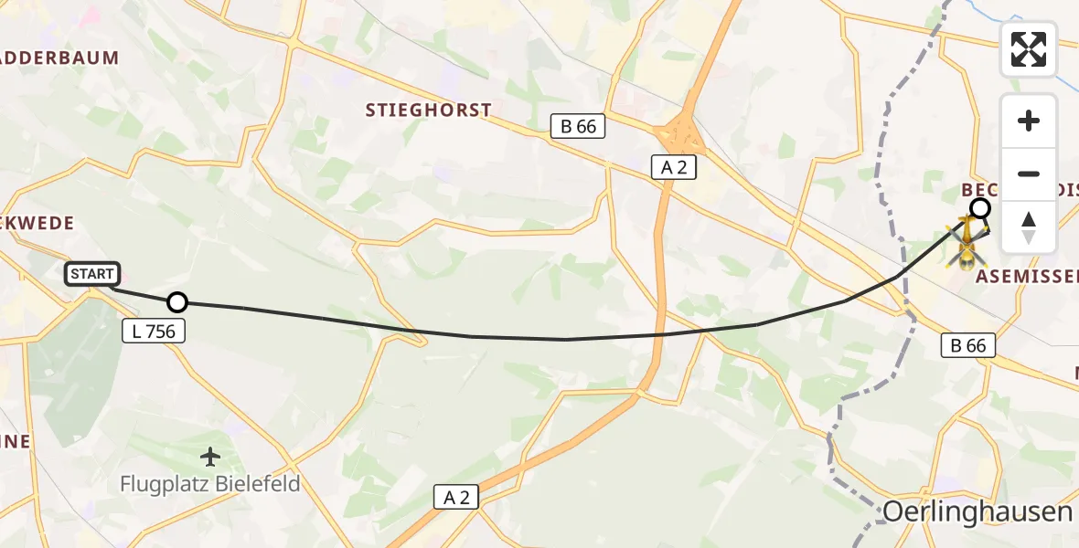 Flugroute Rettungshubschrauber Luftrettungszentrum Bielefeld - Leopoldshöhe, 18 September 2026, 07:42