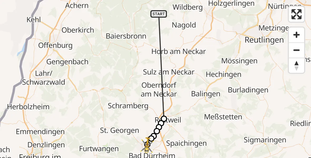 Flugroute Ambulanzhubschrauber Altensteig - DRF Air Rescue Station Villingen-Schwenningen Hubschrauberlandeplatz (Christoph 11), 18 September 2026, 07:44