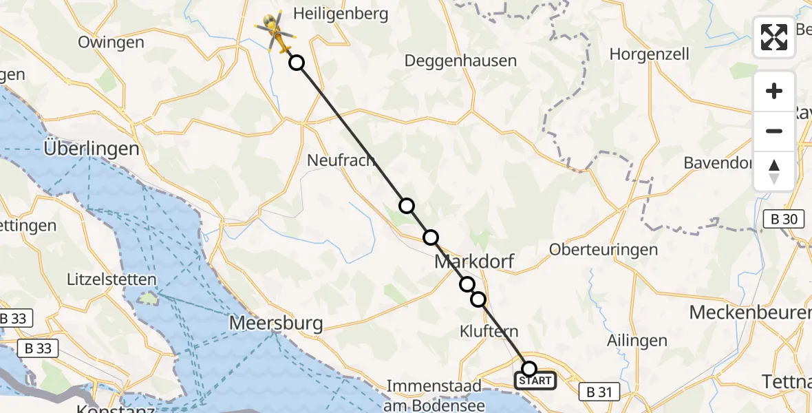 Flugroute Rettungshubschrauber Friedrichshafen Hospital - Frickingen, 18 September 2026, 07:46