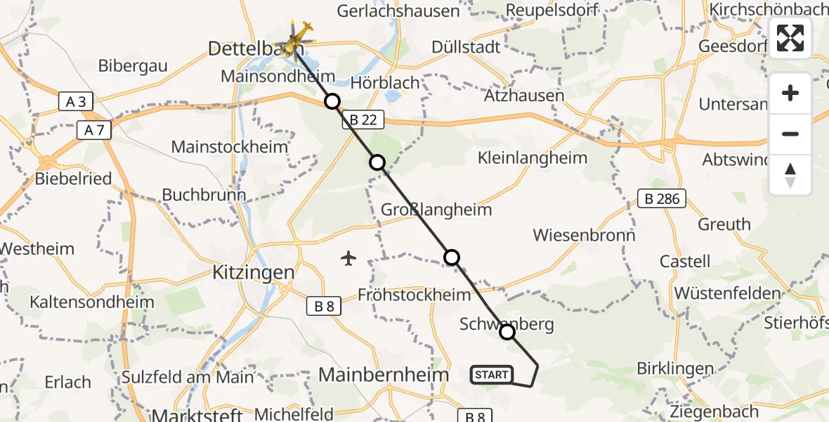 Flugroute Rettungshubschrauber Iphofen - Dettelbach, 18 September 2026, 07:47