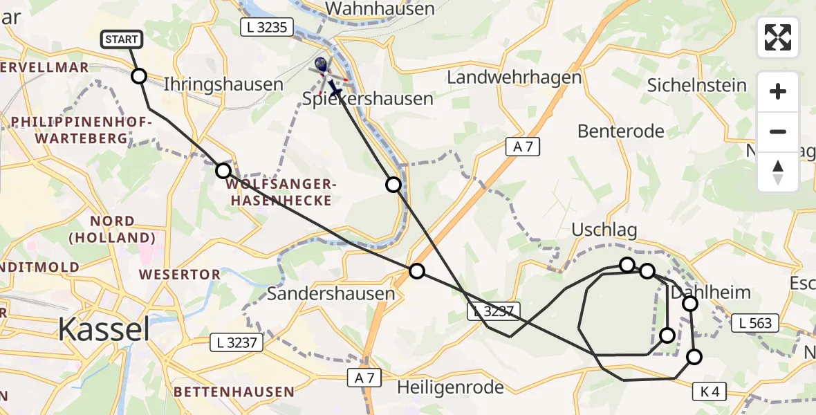 Flugroute Polizeihubschrauber Fuldatal Bundespolizei Hubschrauberlandeplatz - Fuldatal, 18 September 2026, 07:55