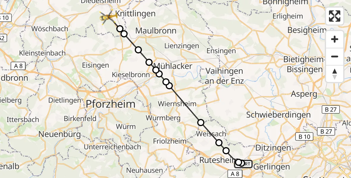 Flugroute Rettungshubschrauber Leonberg Hospital - Bretten, 18 September 2026, 07:55