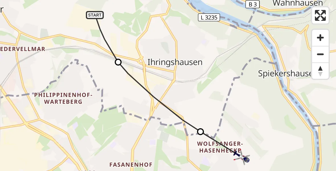 Flugroute Polizeihubschrauber Fuldatal Bundespolizei Hubschrauberlandeplatz - Kassel, 18 September 2026, 07:56