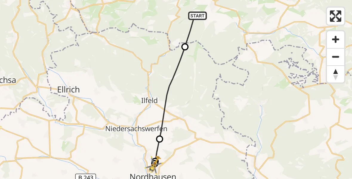 Flugroute Rettungshubschrauber Oberharz am Brocken - Südharz Hospital Nordhausen, 18 September 2026, 07:58