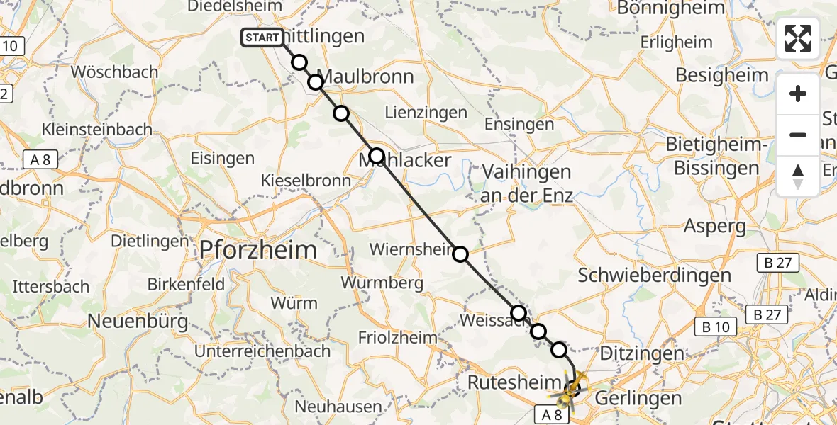 Flugroute Rettungshubschrauber Bretten - Leonberg Hospital, 18 September 2026, 08:19