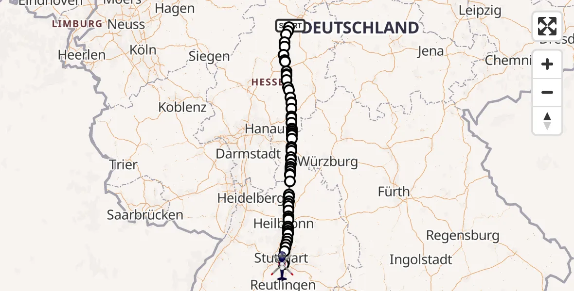 Flugroute Polizeihubschrauber Gudensberg - Flughafen Stuttgart, 18 September 2026, 08:22