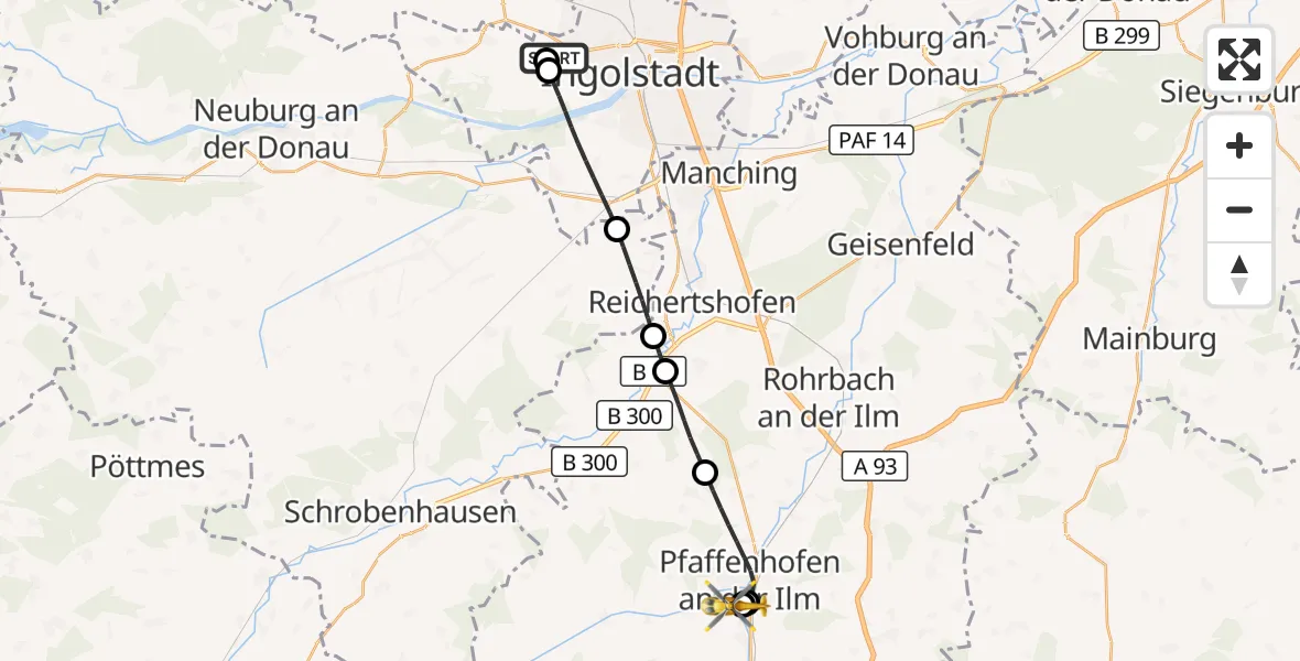Flugroute Rettungshubschrauber Ingolstadt Hospital - Ilmtal Hospital Pfaffenhofen, 18 September 2026, 08:46