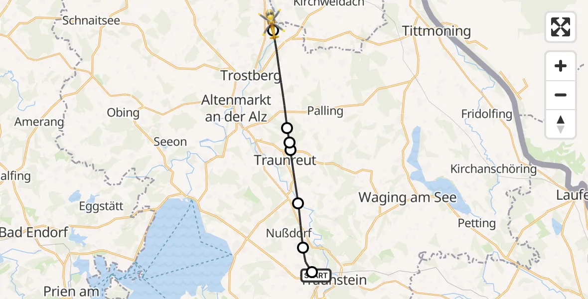 Flugroute Rettungshubschrauber Traunstein Hospital - Tacherting, 18 September 2026, 08:47