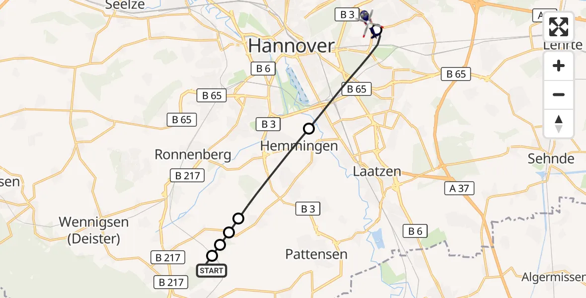 Flugroute Polizeihubschrauber Springe - Hannover Luftrettung Hubschrauberlandeplatz (Christoph 4), 18 September 2026, 08:48