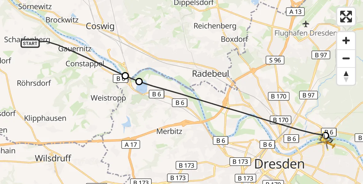 Flugroute Rettungshubschrauber Klipphausen - Dresden Elbwiesen Hubschrauberlandeplatz, 18 September 2026, 08:51