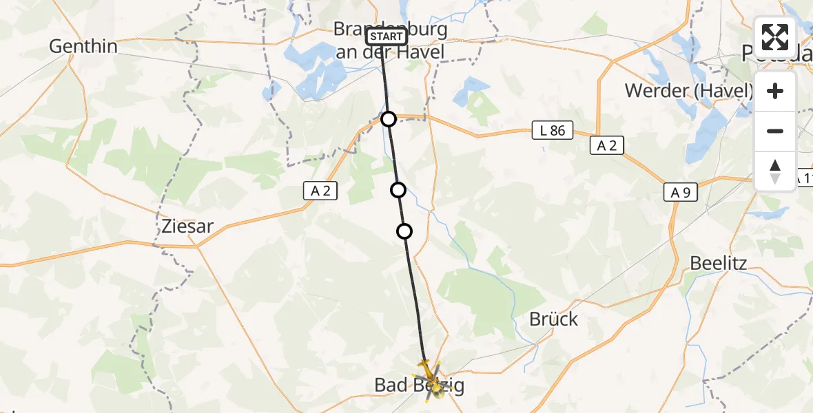 Flugroute Rettungshubschrauber Brandenburg an der Havel - Bad Belzig, 18 September 2026, 08:53