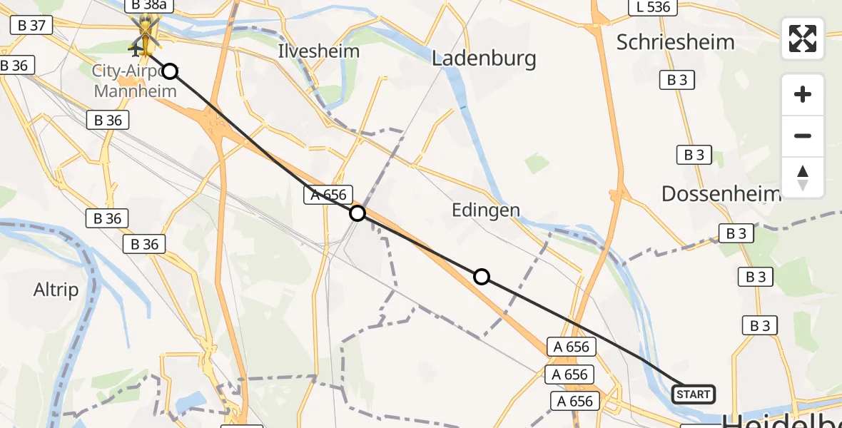 Flugroute Rettungshubschrauber Heidelberg - Mannheim-City Flughafen, 18 September 2026, 08:54