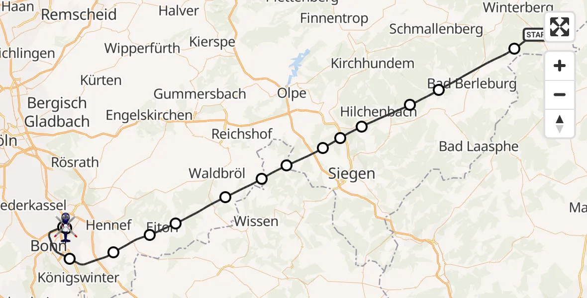Flugroute Polizeihubschrauber Hallenberg - Sankt Augustin, 18 September 2026, 08:59