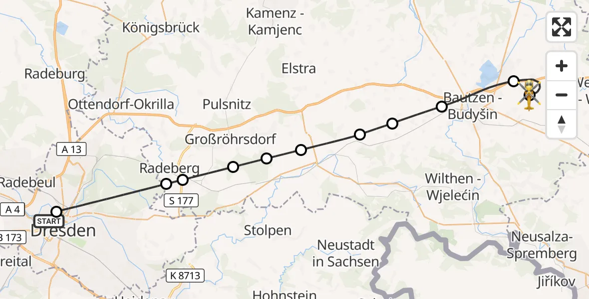 Flugroute Rettungshubschrauber Dresden Friedrichstadt Hospital - Bautzen Flugplatz, 18 September 2026, 09:05