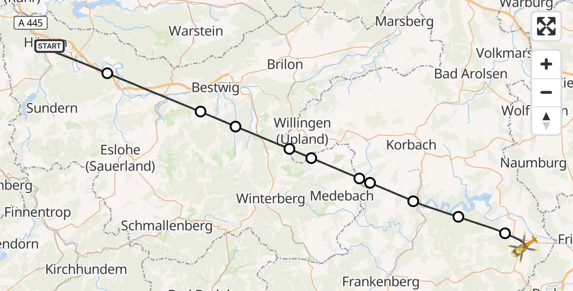 Flugroute Rettungshubschrauber Arnsberg - Bad Wildungen, 18 September 2026, 09:05